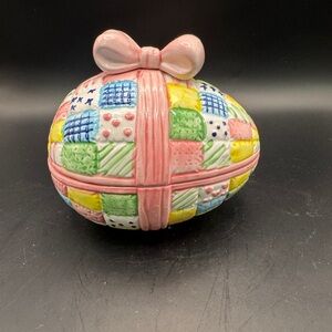 Colorful Ceramic Patchwork Egg with Pink Bow Trinket Box - 5.5”